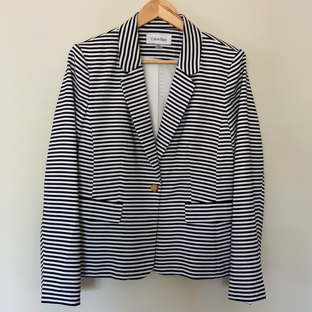 Calvin Klein Blazer Jacket Black White Striped  Lined Sz 12 Perfect NWOT